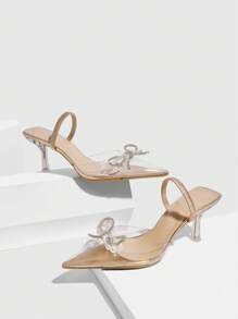 CUCCOO SZL 女士珍珠水钻蝴蝶结透明PVC水晶高跟鞋，性感优雅，香槟色尖头高跟鞋