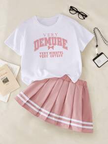 SHEIN Explorewe 女童休闲可爱学院风字母印花圆领短袖百褶裙两件套，粉色 - 彩色 - 查看 1