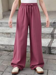 SHEIN Pantalon en tissu texturé rose clair unicolore avec cordon et nœud papillon, pour filles préadolescentes décontractées