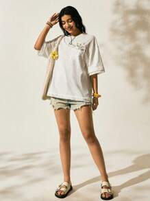 1件装 女士针织夏季度假蕾丝拼接基础款雏菊刺绣白色100%纯棉T恤 假日可爱夏季上衣 - 白色 - 查看 6