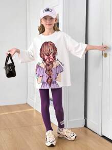 2 件套青少年女孩可爱肖像印花超大圆领短袖 T 恤图案 T 恤和紧身裤套装，返校服装
