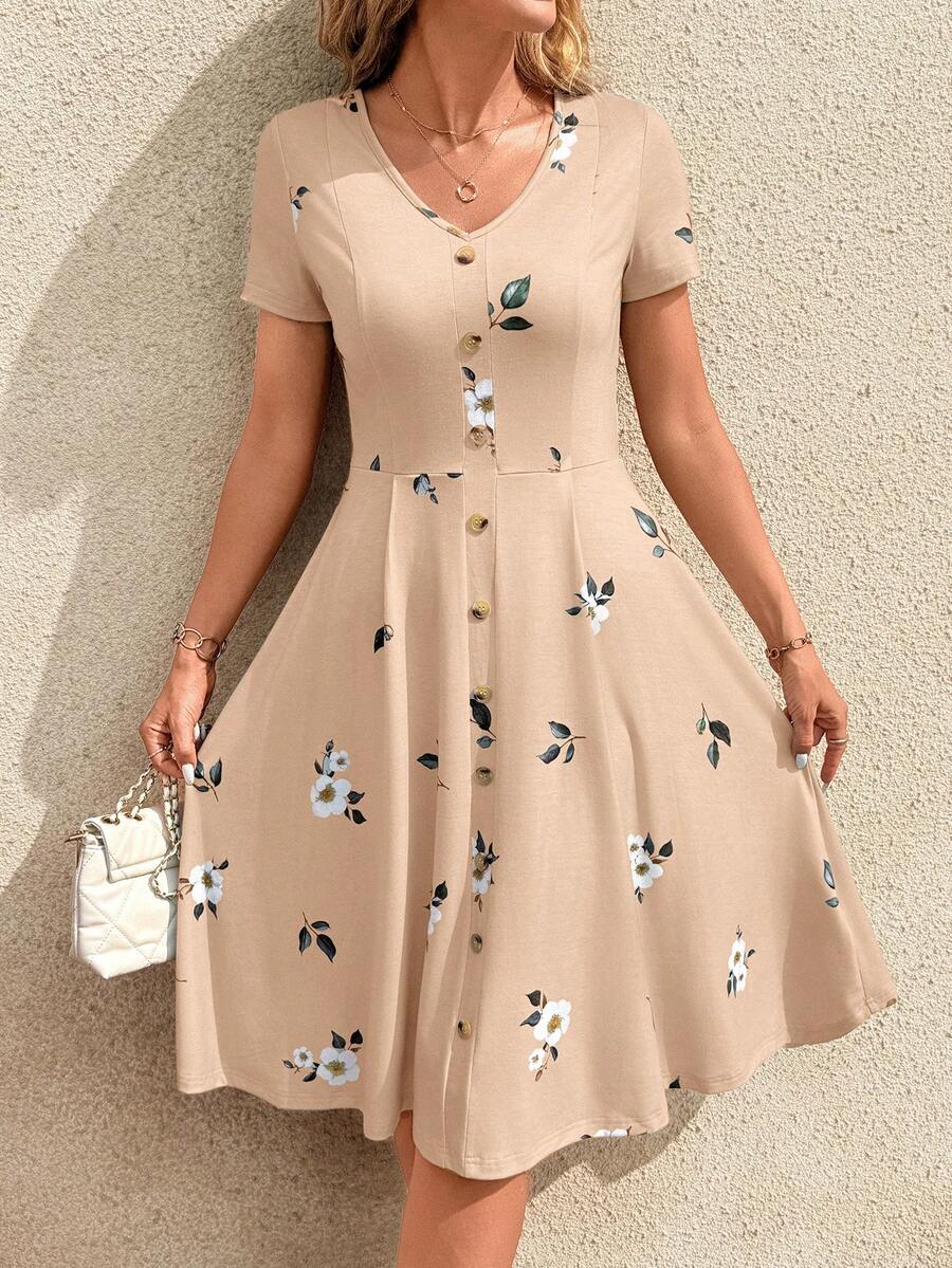 SHEIN Clasi V领纽扣红色圆点腰收腰女式连衣裙，春季服装，情人节连衣裙 - 杏色 - 查看 1