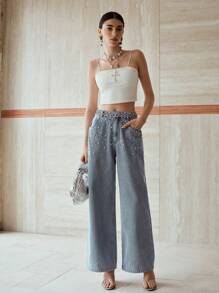 PREMIUM WOMEN'S RHINESTONE EMBELLISHED LOOSE FIT WIDE LEG JEANS - Baby Blue - View 6