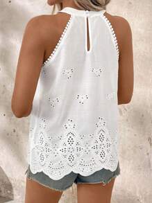 SHEIN Clasi 女士度假休闲露背宽松蕾丝刺绣镂空度假上衣，夏季女士度假上衣，乡村波西米亚风休闲春夏百搭休闲衬衫，宽松优雅刺绣白色上衣 - 白色 - 查看 3