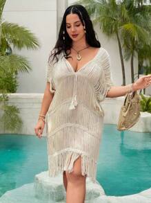 Slaysola Plus Size Women Deep V-Neck Knitted Beach Fringe Dress, Hollow Out Tasseled Solid Cover Up,Beach Cover Up For Summer Beach Vacation