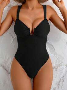 SHEIN Swim 1pc Women's Solid Color Sexy High Cut One-Piece Swimsuit, For Beach & Vacation For Summer