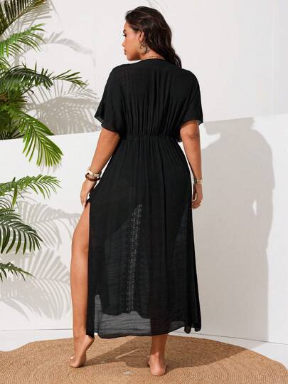 Swim Vcay Plus Size Women Single Design Side Split Lace Patchwork Sexy Casual Holiday Beach Dress For Summer Beach Vacation