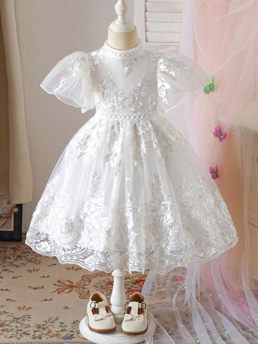 Young Girl Floral Embroidery Mesh Ruffle Hem Short Sleeve Elegant Dress - White - View 1