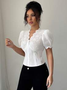 Selianne Women's Spring & Summer Elegant Short Sleeve V-Neck Open Front Buttoned Hollow Out Lace Fabric Blouse