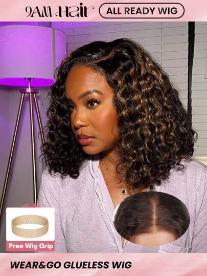 ALL READY WIG 12" Deep Wave Brown Ombre Highlight Glueless Wigs Human Hair Pre Plucked Pre Cut, Lace Curly Short Bob Wig Human Hair P4/30# Ready To Go Wig 180 Density