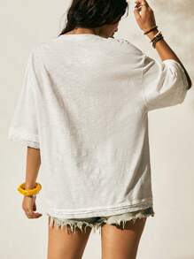 1件装 女士针织夏季度假蕾丝拼接基础款雏菊刺绣白色100%纯棉T恤 假日可爱夏季上衣 - 白色 - 查看 5