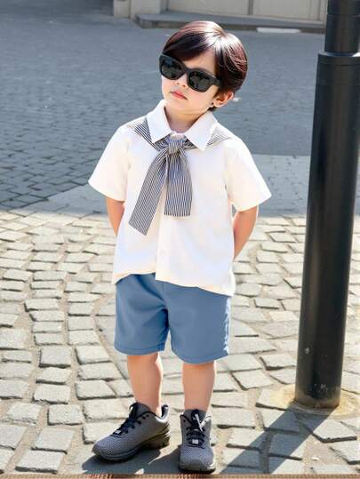SHEIN Genkimix Kids 2 件套男童单排扣短袖衬衫和短裤，休闲装