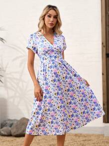 SHEIN Clasi Đầm đi nghỉ thường ngày cổ chữ V in hoa tay ngắn cho nữ - Màu xanh lam - Xem 4