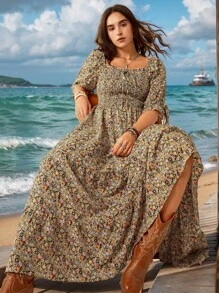 SHEIN LUNE Plus Size Women's Slouchy Casual Style Beach Vacation Outfit Fourth Of July Women Chic Retro Square Neck Romantic Cozy Fit Floral Multi-Layered Chillax Dress For The Holidays Bohemian Dress Teacher Outfits For Women Graduation Dresses For Women - Multicolor - View 1