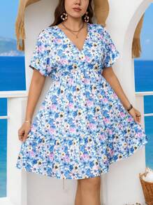 SHEIN LUNE Vestido corto de mujer talla grande de verano con escote en V, atuendos playeros para la Cuatro de Julio con colores brillantes y patrones ondulados con flores pequeñas, ropa para graduación con arcoíris para vacaciones de mujer
