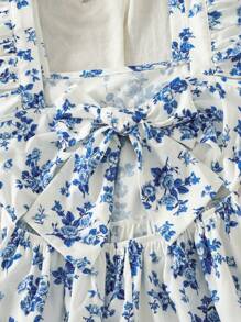 SHEIN Tween Girls Elegant Butterfly Decor Back Bow Ruffle Detail Printed A-Line Dress - Blue and White - View 6