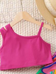 SHEIN Young Girls Sleeveless Ribbed Hollow Out Top And Wide Leg Pants 2Pcs Set, Summer, School, Campus, College - Multicolor - View 3