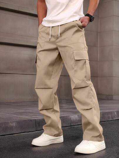 Manfinity Homme Pantalones casuales rectos de unicolor con bolsillos cargo y cordón en la cintura para hombres, color caqui, otoño