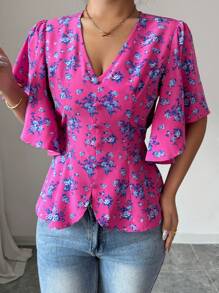 Elenzga Damen elegante Bluse mit floralem Muster, V-Ausschnitt, Rüschenabschluss am Saum und Taille, geeignet für den Arbeitsweg, Lässig, Reisen, Nachmittagstee, Frühling/Sommer - Kastanienbraun - Übersicht 5