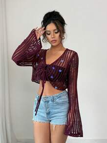Elenzga Women's Hollow-Out Vacation Style Elegant Lace-Up Sequins Knit Cardigan, Suitable For Spring & Summer - Purple - View 2