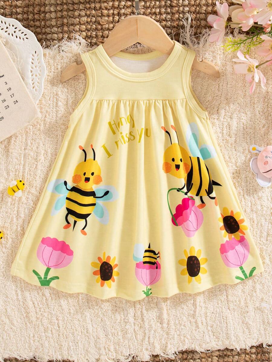 SHEIN Baby Girls' Cute Bee Animal Element Sleeveless Dress, Fashionable New Spring/Summer Style Toddler Bee Dress