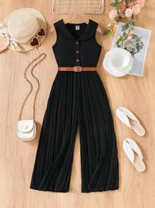 SHEIN Elladie kids 年轻女孩杏色翻领纽扣连体裤，带有褶边细节，适合日常通勤和休闲穿着 - 黑色 - 查看 1