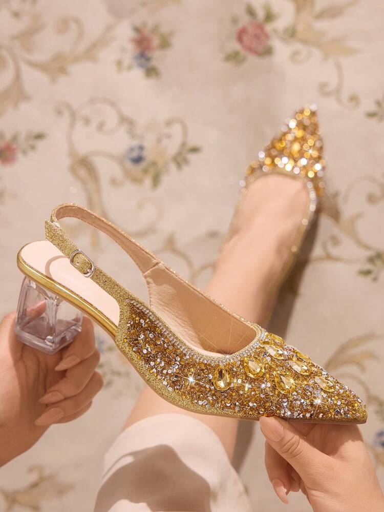 CUCCOO TILAWA Women's Pointed Toe Crystal Heel Rhinestone Hollow Lattice Black Formal Shoes, Suitable For Going Out, Banquets And Parties For Christmas