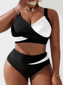 Slaydiva Bộ đồ bơi Tankini xếp nếp cỡ lớn cho nữ màu đen/hồng, khu nghỉ dưỡng bãi biển mùa hè - Đen và trắng - Xem 1