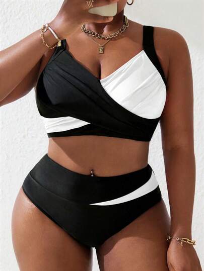 Slaydiva Plus Size Women 2pcs Set Black/Pink Splice Ruched Tankini Swimsuit, Summer Beach Resort