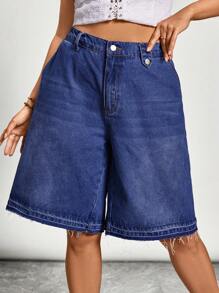 Freevana 大码破洞牛仔短裤，宽松版型，蓝色 - 深色水洗藍 - 查看 4