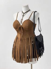 Sunspun Correa de flecos casual de moda de festival, estilo bohemio, hippie, vaquera, nueva riqueza - Marrón - Ver 6