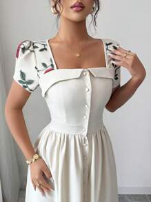 Elenzga Summer Vacation Bohemian Square Collar Mesh Embroidered A-Line Button-Up Cinched Waist Short Sleeve Mid-Length Dress For Women - Apricot - View 3