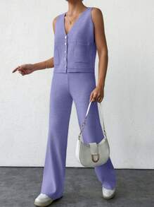 SHEIN Cottnline 2pcs/Set Women Solid Color Single-Breasted Pocket Knitted Vest And Knitted Pants - Lilac Purple - View 6