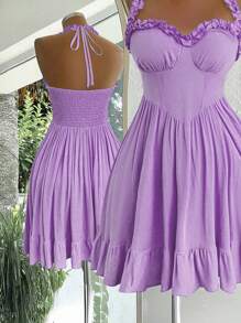 Flirla 夏季新款优雅度假法式甜美公主风荷叶边系带露背无袖A字收腰连衣裙 - 淺灰紫 - 查看 2