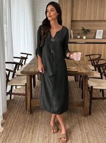 Louniche Vestido Decorativo com Botões de Madeira Retrô de Outono para Mulheres