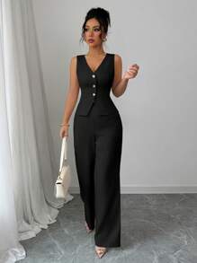 Selianne 女士优雅无袖上衣和裤子套装，商务通勤复古风格，适合暑假和约会 - 黑色 - 查看 5