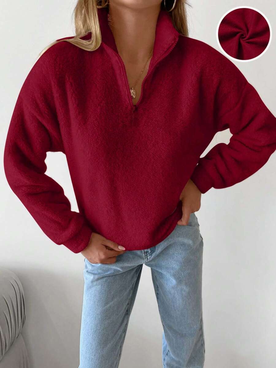 RueChic Women's Half Zip Fleece Teddy Jacket - Red - View 1