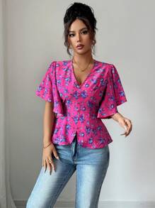 Elenzga Damen elegante Bluse mit floralem Muster, V-Ausschnitt, Rüschenabschluss am Saum und Taille, geeignet für den Arbeitsweg, Lässig, Reisen, Nachmittagstee, Frühling/Sommer - Kastanienbraun - Übersicht 4