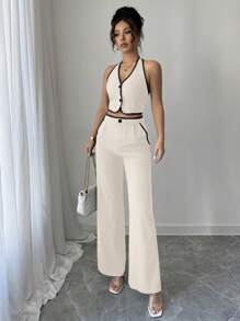 SHEIN PETITE 2件套女士通勤风格单排扣吊带上衣和裤子套装 - 杏色 - 查看 4