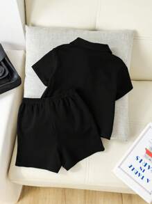 SHEIN 2 件套婴儿休闲宽松插肩袖圆领毛衣上衣和针织短裤两件套服装，适合春夏季室内外穿着 - 黑色 - 查看 2