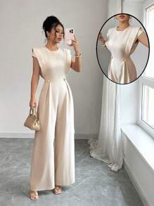 Selianne Round Collar Design Simple And Elegant Modern Fashion Workplace Elite Style Summer Women's Jumpsuit - Apricot - View 1