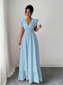 Elenzga 女士纯色荷叶边下摆长款度假海滩装连衣裙 - 淺藍色 - 查看 6