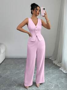 Selianne 女士优雅无袖西装背心和西装裤套装，商务通勤风格，夏季 - 藕粉色 - 查看 6