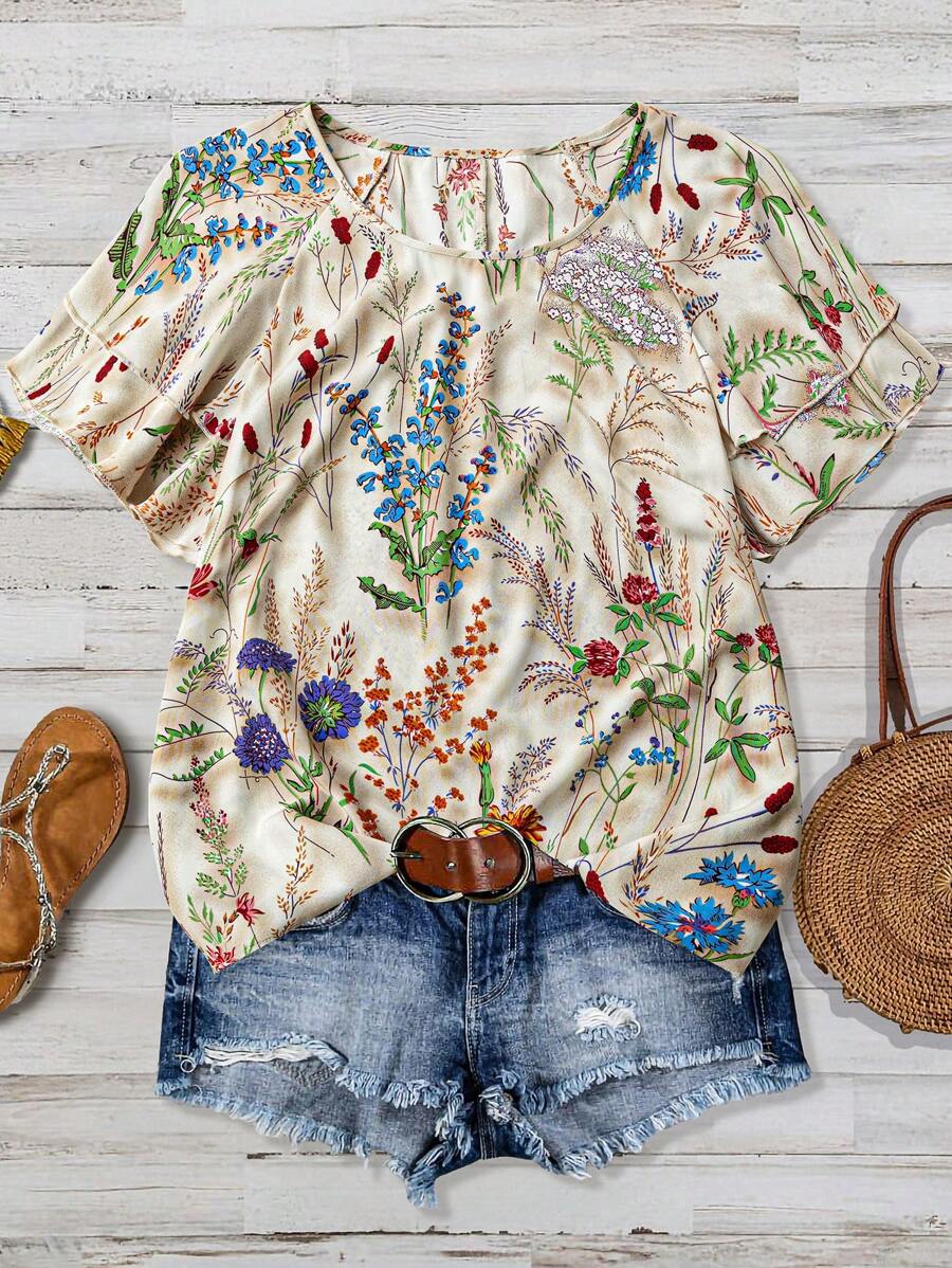 Linhara 大码女式 3D 花卉印花圆领双层袖休闲衬衫 - 彩色 - 查看 1