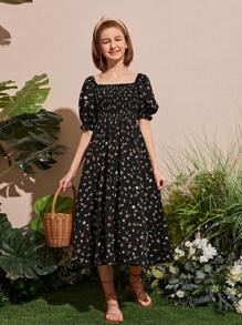 SHEIN Rochie Teen Girls Ditsy cu mâneci bufante, cu imprimeu floral