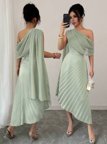 Rafferiza Váy dài voan thanh lịch cho nữ có chi tiết vai xếp ly sáng bóng, Xuân/Hè - Màu xanh nhạt - Xem 4