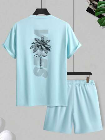 Manfinity Chillmode Men's Letter & Palm Tree Print Round Neck Short Sleeve Casual T-Shirt And Drawstring Waist Shorts Set Men 2 Pieces Set Summer Men Beach Set, Vacation