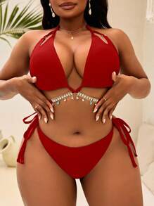 Slaydiva 加大码女式纯色露背系带三角杯水晶装饰链条性感时尚休闲度假泳衣上衣 - 紅色 - 查看 3