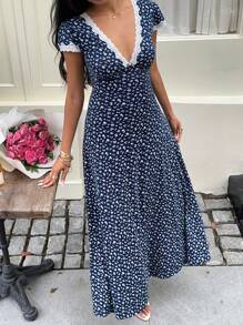 Sunnyshic 蓝色碎花拼布蕾丝 V 领高腰喇叭形长裙，优雅可爱日常休闲度假海滩派对鸡尾酒下午茶百搭女士夏季