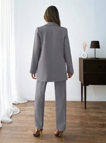 EURMUSE Women Solid Color Button Front Detailed Jacket And Pants Suit Sets - Light Grey - View 2